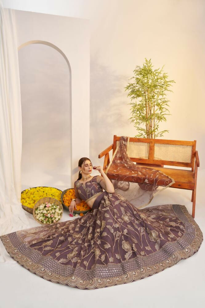 Aastha Fashion Dark Onion Butterfly Net Zari Work And Cotton Thread Work And Sequence Work Embroidery Wedding Wear Lehenga Choli