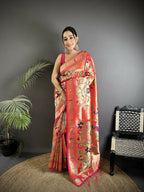 Joban Fashion Reddish Pink Peacock And Floral Soft Silk Paithani Saree - Distacart