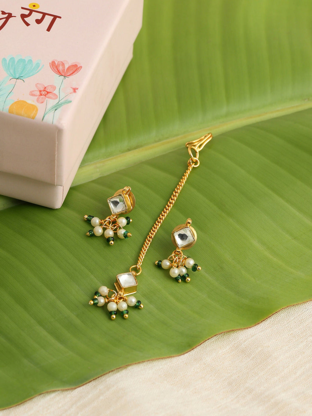 Ruby Raang Double Color Drops Maang Tikka And Earrings Set - Distacart