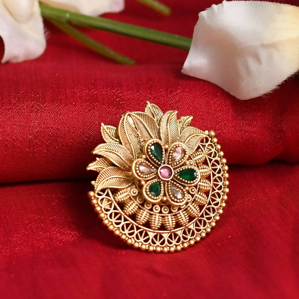 Mominos Fashion Joharkamal Gold-Polished Stone Studded Adjustable Finger Ring - Design 17