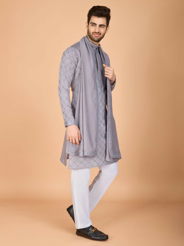 Vastranavya Grey Exclusive Festival Wear Viscose Silk Thread with Sequence Embroidered Work Kurta with Dupatta