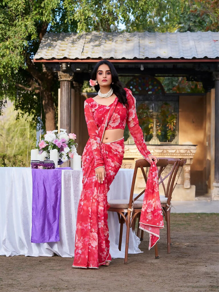 Vastranavya Red Weightless Marble Printed & Pearl Lace Border Saree with Unstitched Blouse