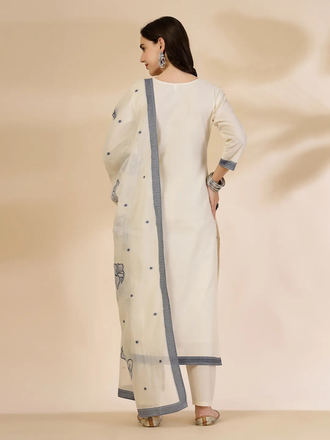 Yufta Off White Handloom Cotton Jacquard Kurta Set With Pant & Dupatta - Distacart