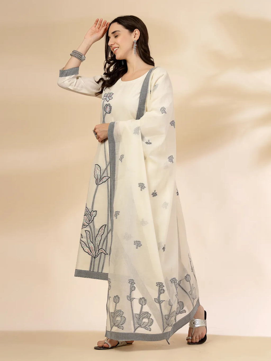 Yufta Off White Handloom Cotton Jacquard Sequins Work Kurta Dupatta Pant Set