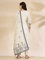 Yufta Off White Handloom Cotton Jacquard Sequins Work Kurta Dupatta Pant Set