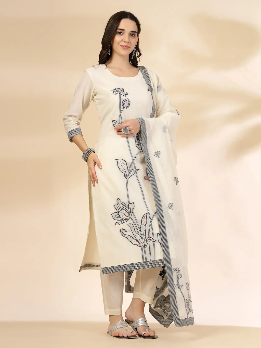 Yufta Off White Handloom Cotton Jacquard Sequins Work Kurta Dupatta Pant Set