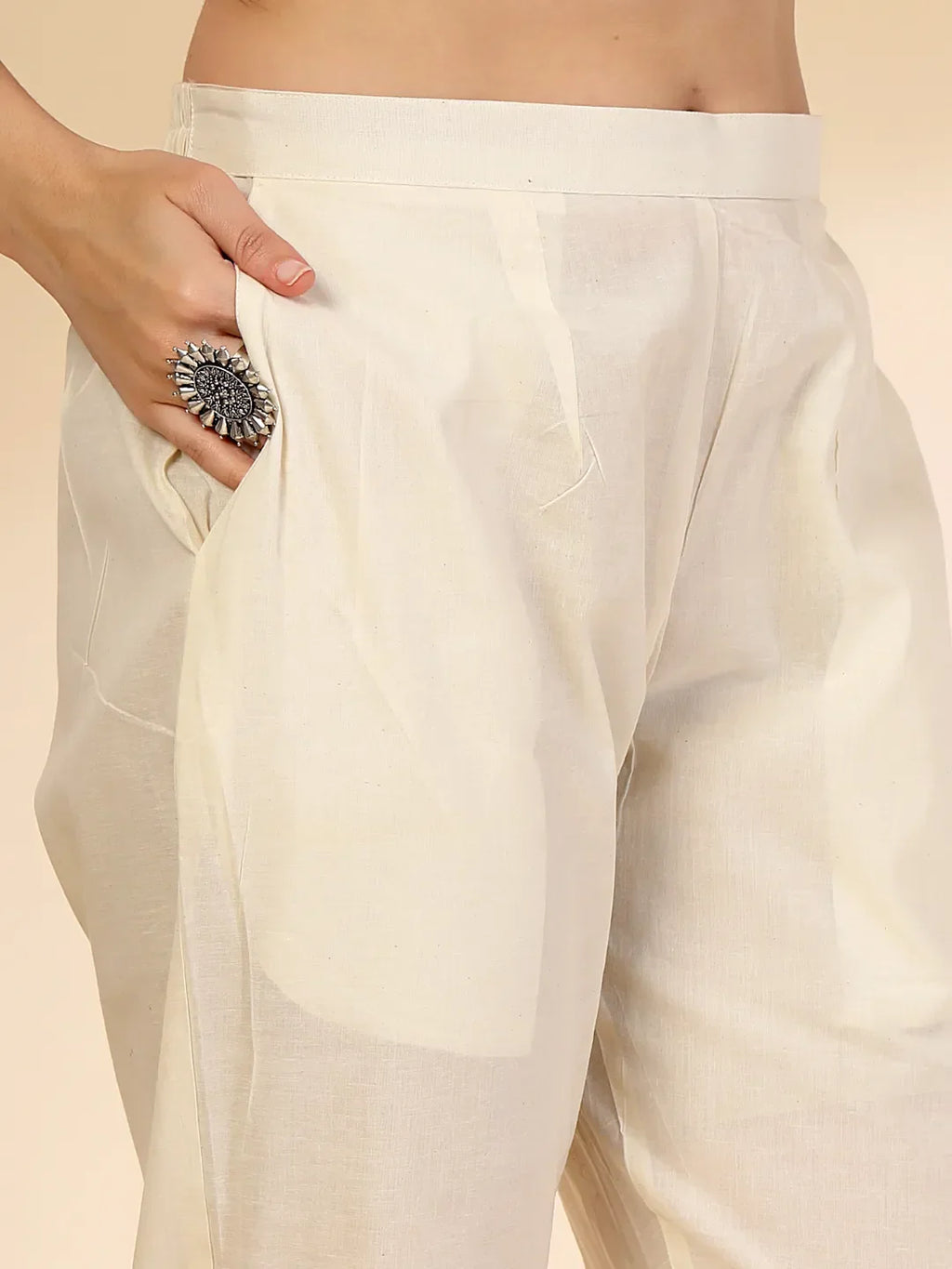 Yufta Off White Handloom Cotton Jacquard Sequins Work Kurta Dupatta Pant Set