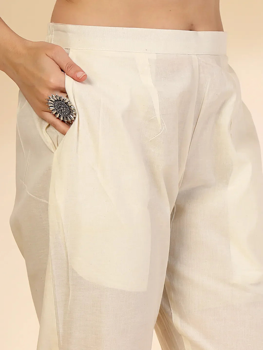 Yufta Off White Handloom Cotton Jacquard Sequins Work Kurta Dupatta Pant Set
