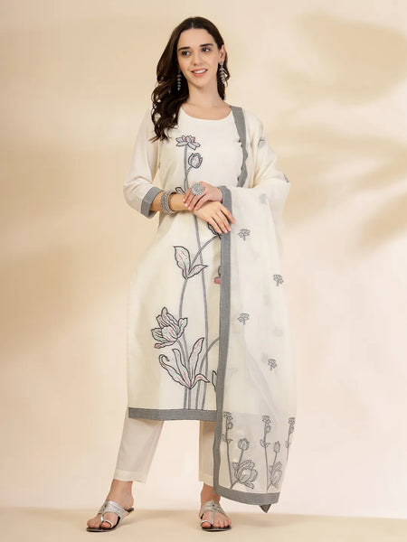 Yufta Off White Handloom Cotton Jacquard Sequins Work Kurta Dupatta Pant Set