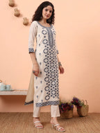 Yufta Off-White Handloom Cotton Kurta Dupatta Pant Set With Cotton Mal Lining - Distacart