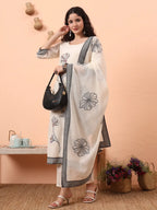 Yufta Off-White Handloom Cotton Weaved Kurta Dupatta Pant Set With Cotton Mal Lining - Distacart