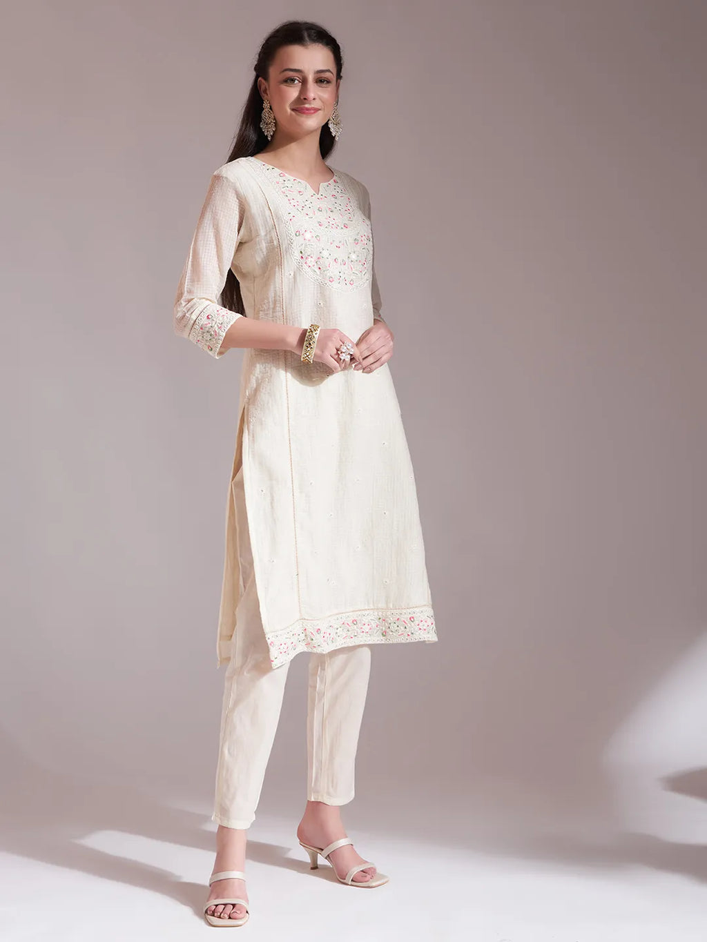 Yufta Off-White Pure Handloom Cotton Weaved Kurta Dupatta Pant Set