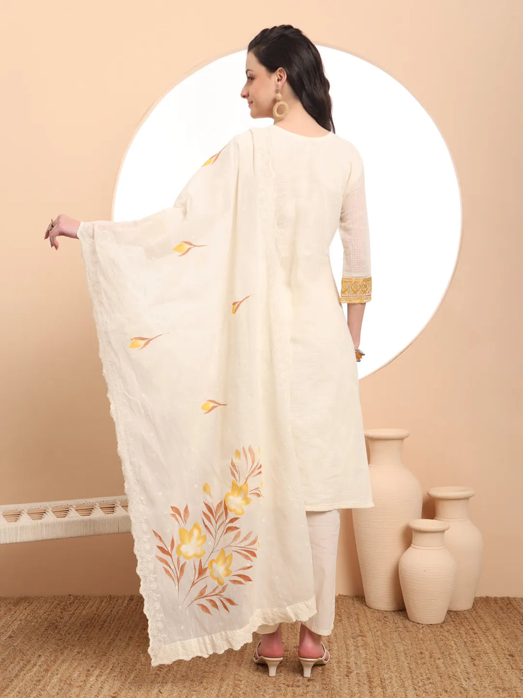 Yufta Off-White Pure Handloom Cotton Weaved Thread Work Kurta Dupatta Pant Set - Distacart