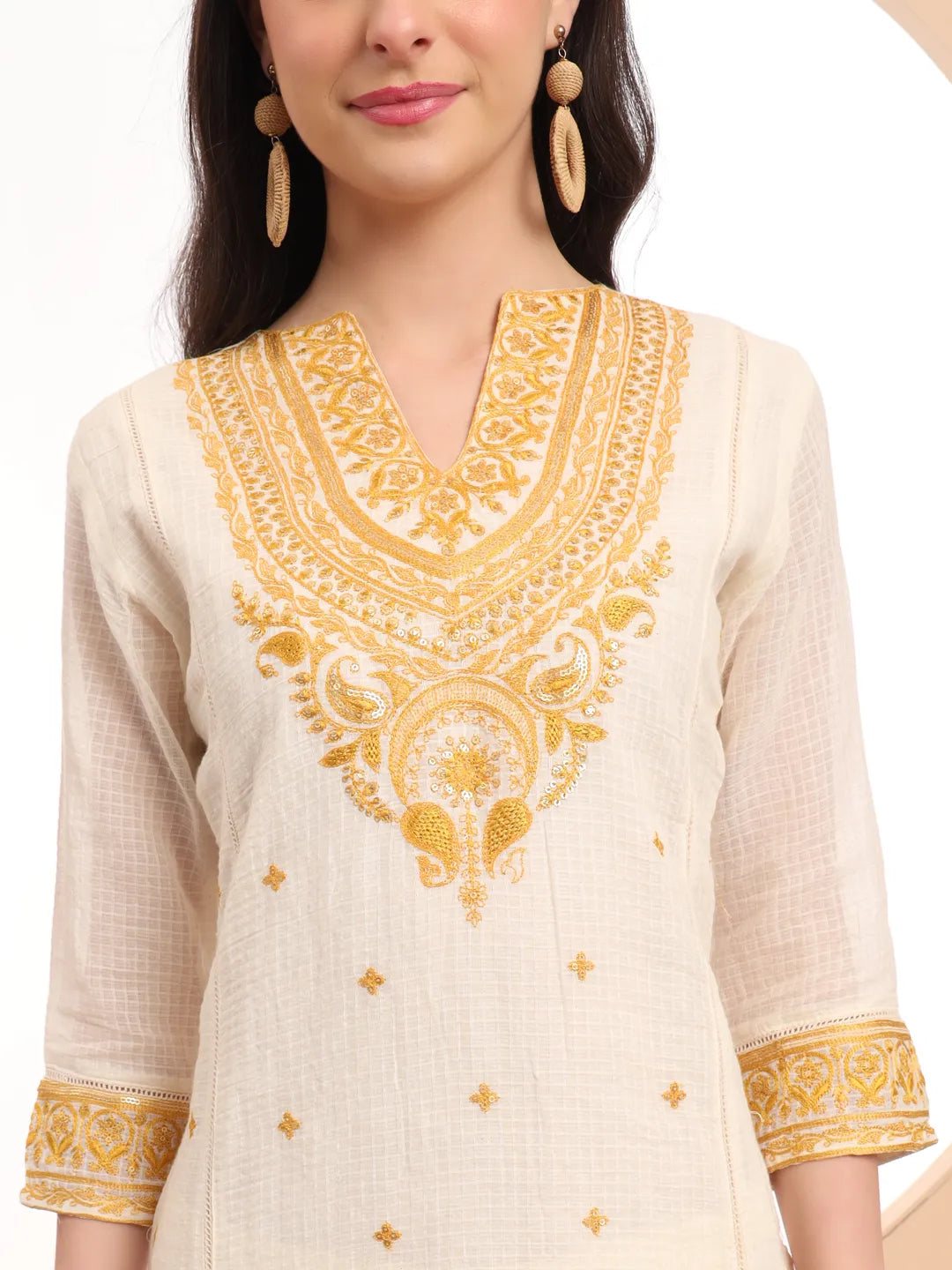 Yufta Off-White Pure Handloom Cotton Weaved Thread Work Kurta Dupatta Pant Set - Distacart