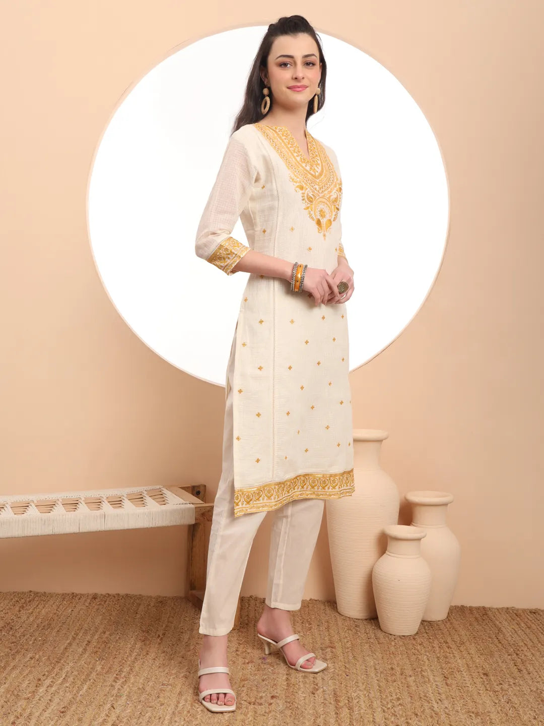 Yufta Off-White Pure Handloom Cotton Weaved Thread Work Kurta Dupatta Pant Set - Distacart