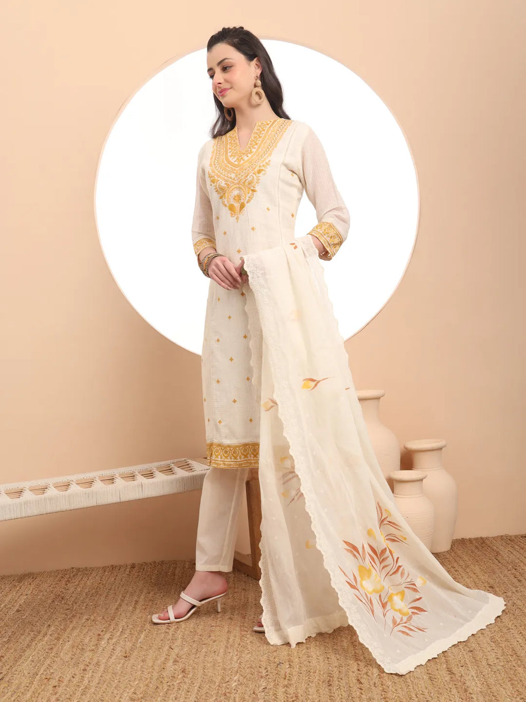 Yufta Off-White Pure Handloom Cotton Weaved Thread Work Kurta Dupatta Pant Set - Distacart