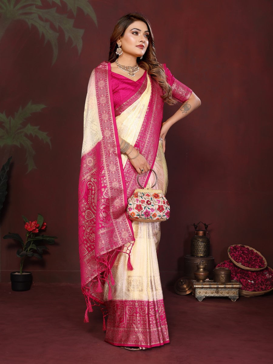Anaita Off White Zari Butta Work Satin Silk Saree With Blouse - Distacart