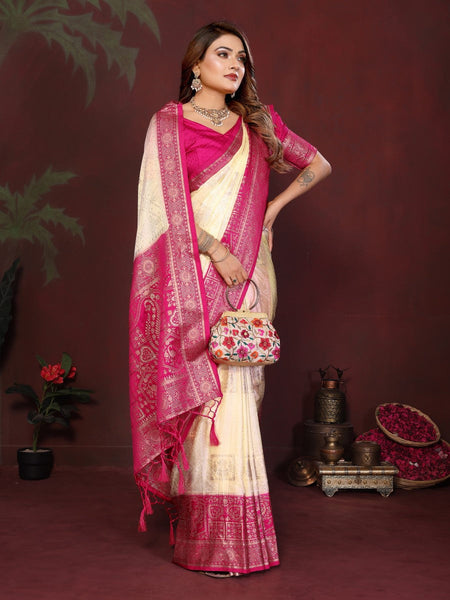 Anaita Off White Zari Butta Work Satin Silk Saree With Blouse