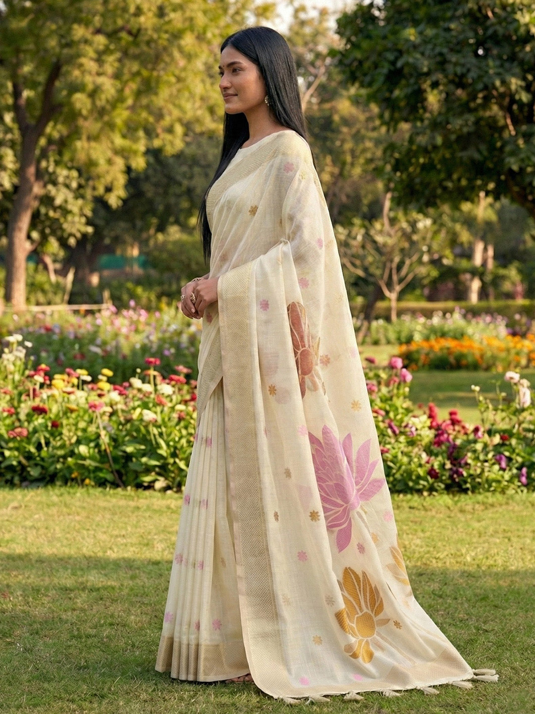 Anaita Off White Linen Saree With Blouse Piece - Distacart