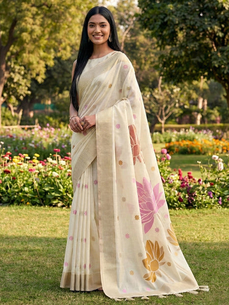 Anaita Off White Linen Saree With Blouse Piece