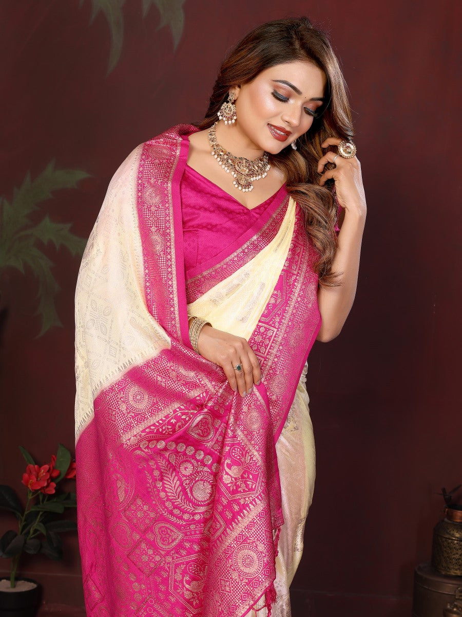 Anaita Off White Zari Butta Work Satin Silk Saree With Blouse - Distacart