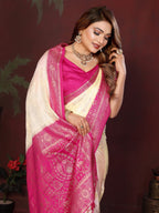 Anaita Off White Zari Butta Work Satin Silk Saree With Blouse - Distacart