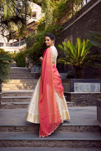 Evanik Off White South Style Jecquard Chex Zari Weaving Work Unstitched Lehenga Choli - Distacart