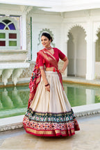 Evanik Off White Traditional Style Tussar Silk Patola Print With Foil Work Unstitched Lehenga Choli - Distacart