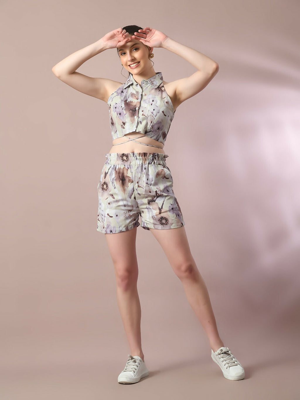 Myshka Women's Multi Printed Shirt Collar Party Top With Shorts Co-ord set