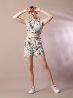 Myshka Women's Multi Printed Shirt Collar Party Top With Shorts Co-ord set