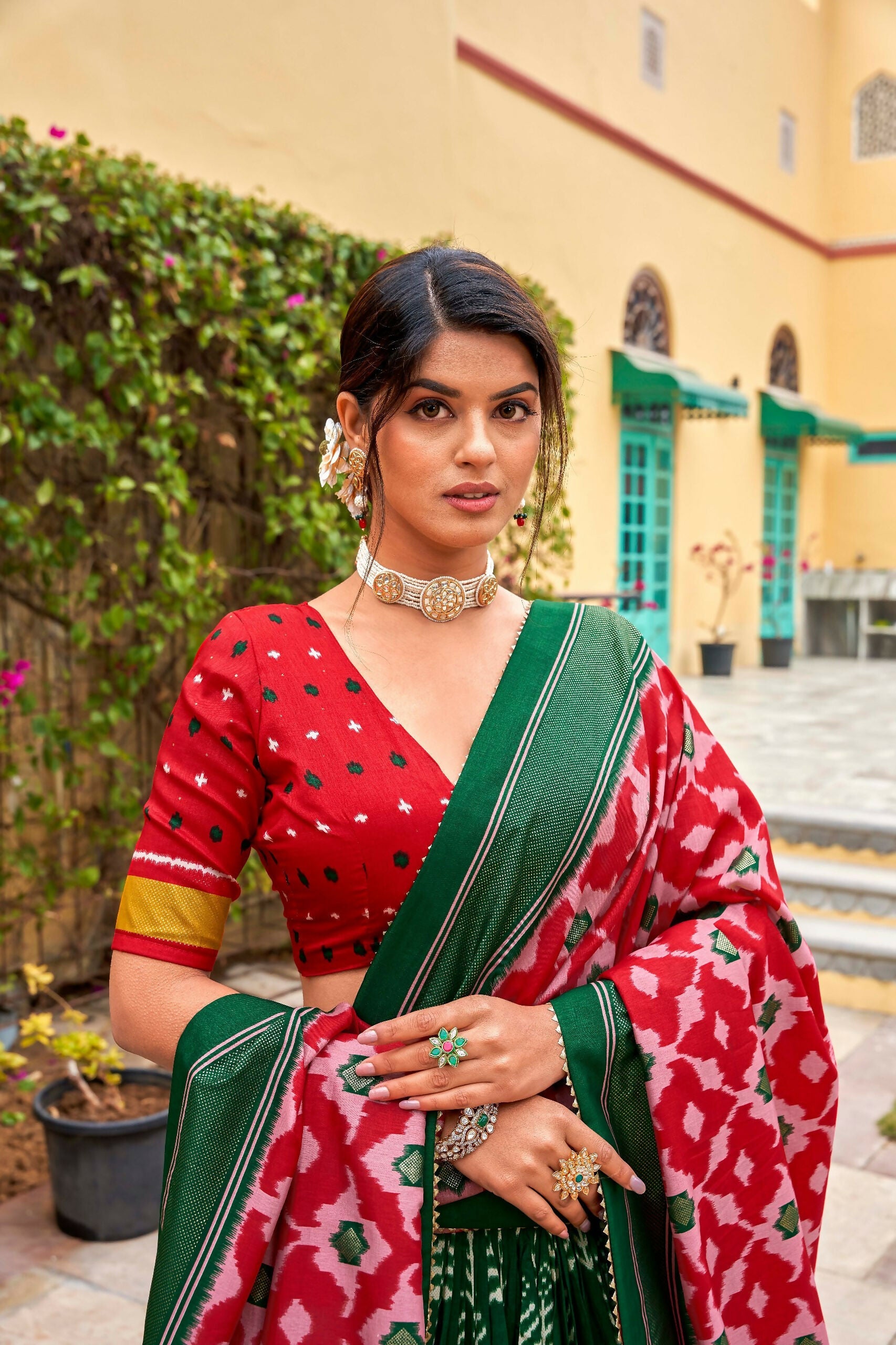 Vastranavya Printed and Foil Work Tussar Silk Lehenga with Unstitched Blouse - Green