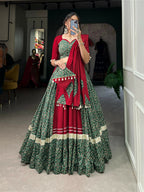Vastranavya Navaratri Special Pure Cotton Printed With Gota Patti And Lace Touch Up Lehenga with Stitched Choli - Green