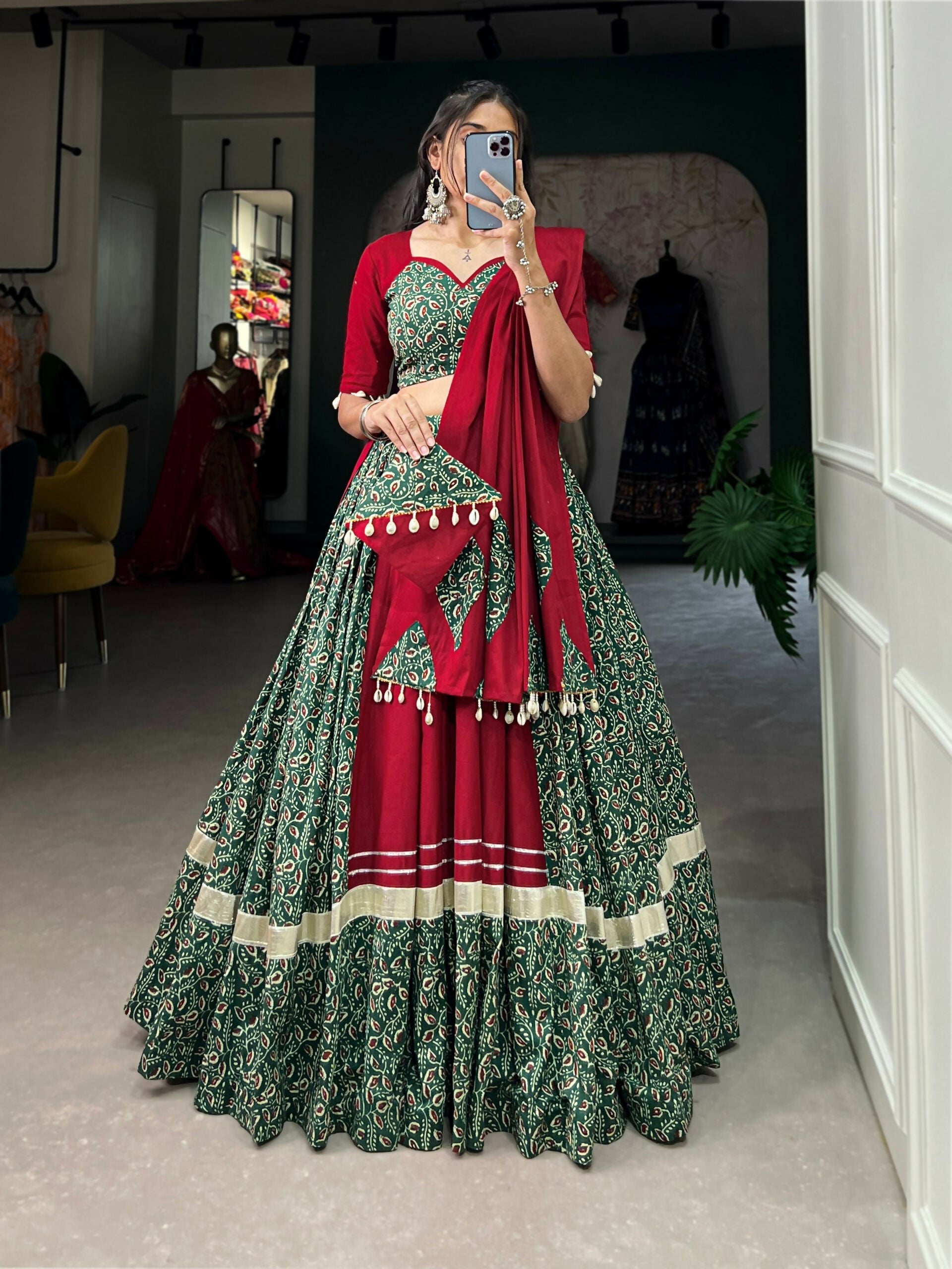 Vastranavya Navaratri Special Pure Cotton Printed With Gota Patti And Lace Touch Up Lehenga with Stitched Choli - Green