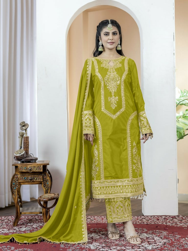 Teeya Creation Pista Green Color Chinnon Silk Embroidery Work Fully Stitched Salwar Suit - Distacart