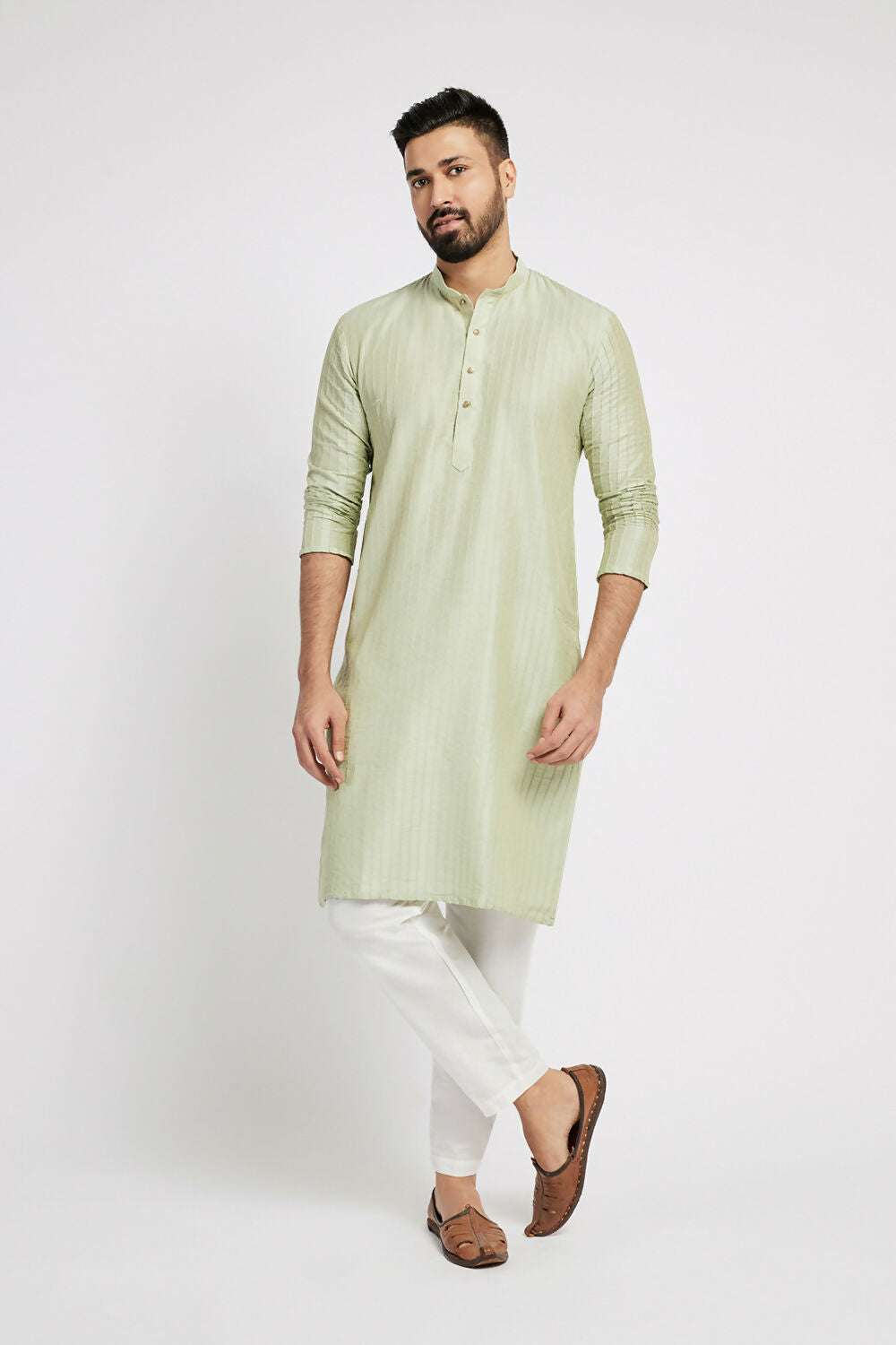 Ethnic India Green Men's Kurta Striped Polyester