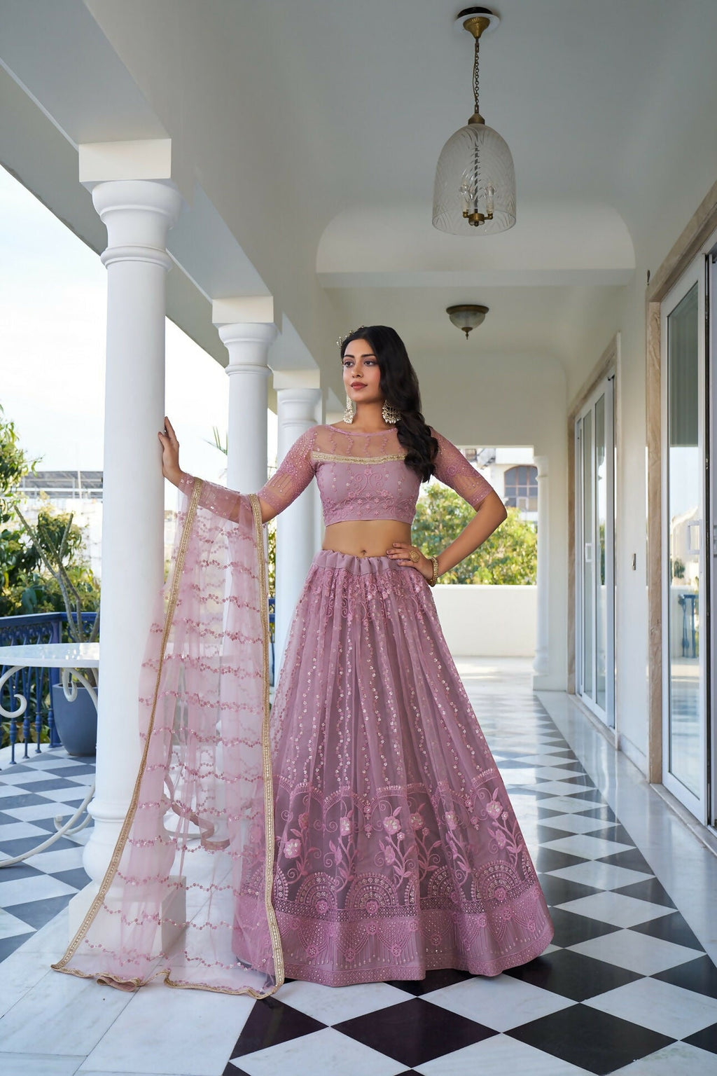 Eilara Glamorous Dusty Pink Butterfly Net With Tone To Tone Thread And Sequence Embroidered Work Lehenga Choli For Wedding