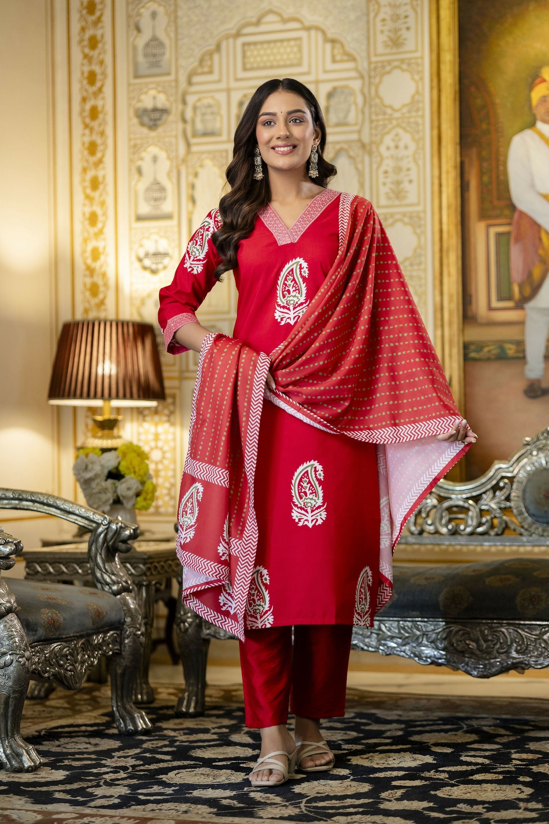 The52 Women's Beautiful Rayon Fabric Printed Work Straight Kurta Pant and Dupatta Set - Distacart