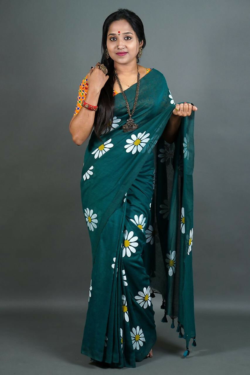Exclusive Collection Green Pure Cotton Saree With Sunflower Design - Distacart