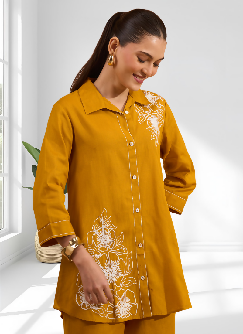 Joban Fashion Mustard Cotton, Linen Embroidered Readymade Cord Set - Distacart