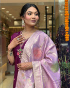 The52 Women's Beautiful Chanderi Fabric Embroidery Work Flared Kurta Pant and Dupatta Set - Distacart