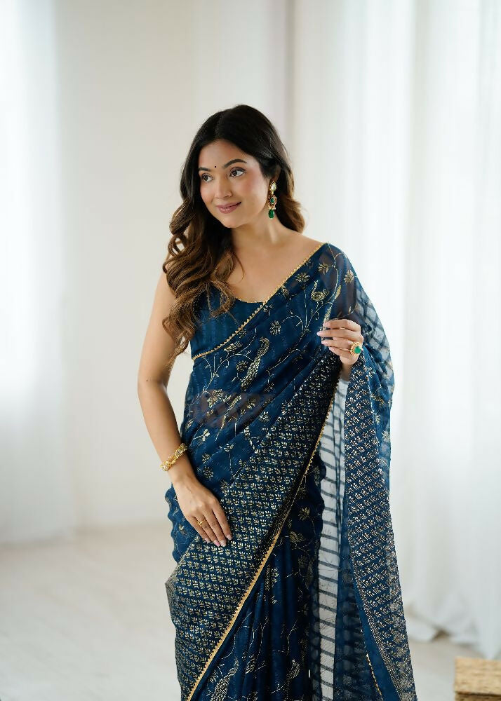PR Fashion Morpich Georgette Patta Plain With Foil Work And Small Lace And Zalar Lace Saree