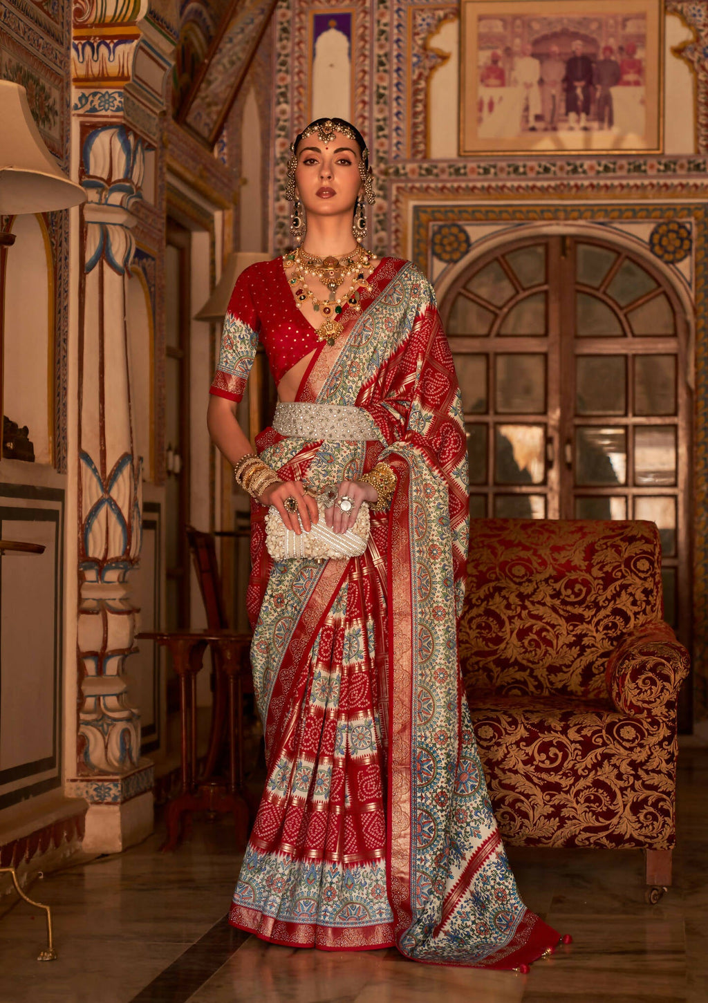 Red P V Silk Digital Print, Zari Work Printed Saree - Rewaa Parampara