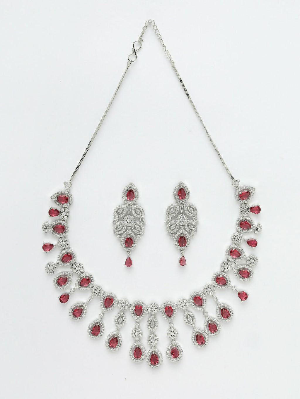 NVR Women's silver plated Maroon CZ stone handcrafted jewellery set