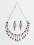NVR Women's silver plated Maroon CZ stone handcrafted jewellery set