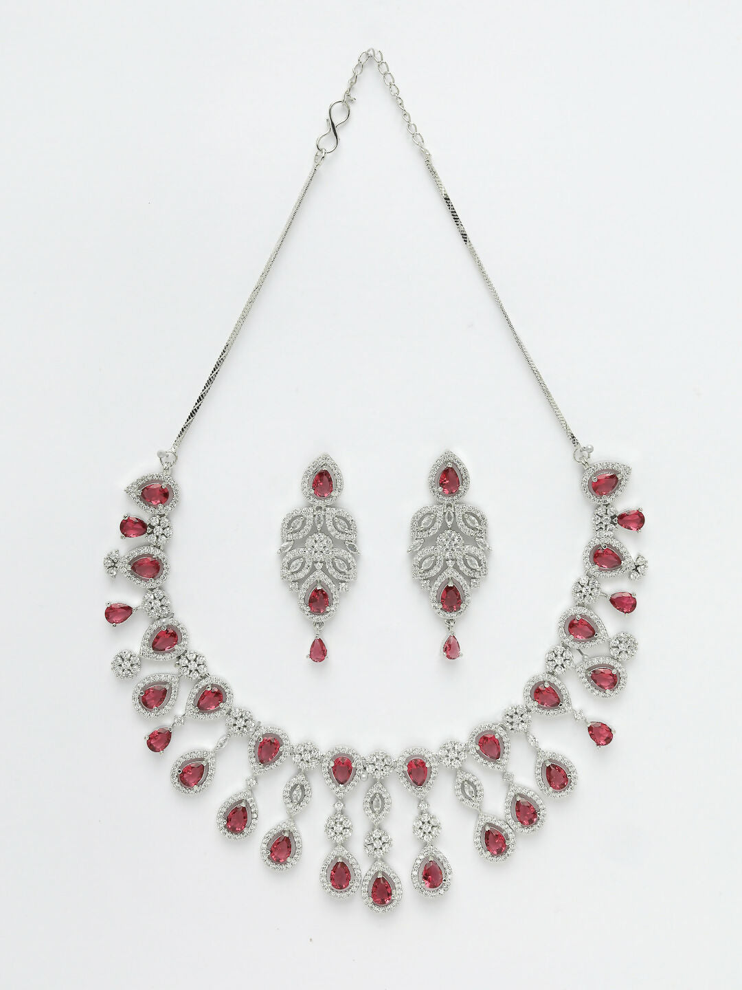 NVR Women's silver plated Maroon CZ stone handcrafted jewellery set