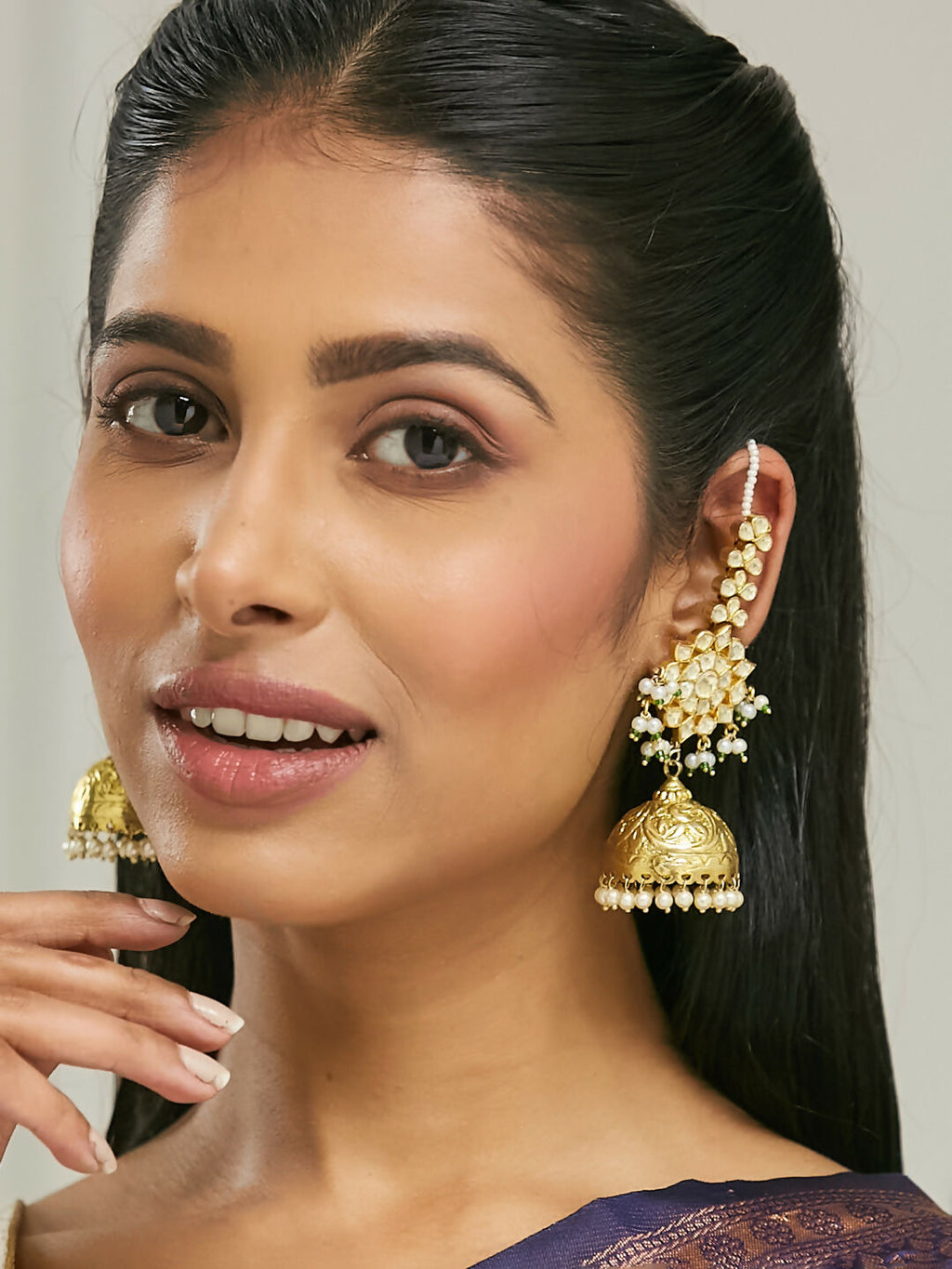 Nuyug 22K Gold-Plated Floral Jhumki Kundan Studded Kanauti Earrings - Distacart