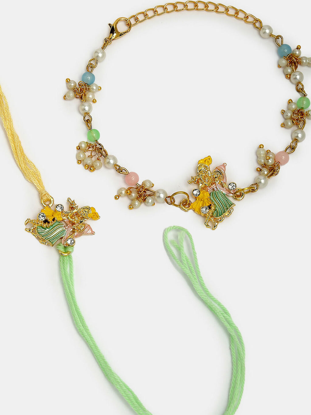NVR Women & Men Set of 2 Multicolor Gold-Toned Radha Krishna Beaded Bhaiya Bhabhi Rakhi With Roli Chawal - Distacart