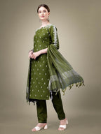Jyoti Fashion Women's Mehendi Cotton Blend Embroidery & Sequence work Kurta with Trouser & Dupatta