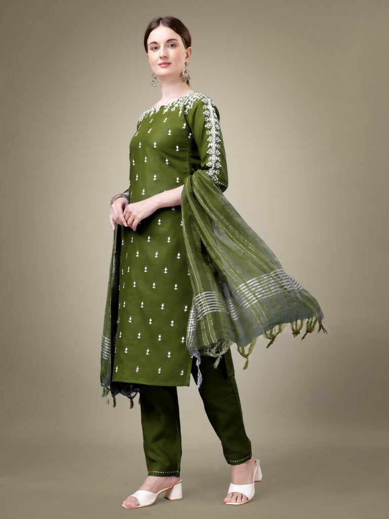 Jyoti Fashion Women's Mehendi Cotton Blend Embroidery & Sequence work Kurta with Trouser & Dupatta