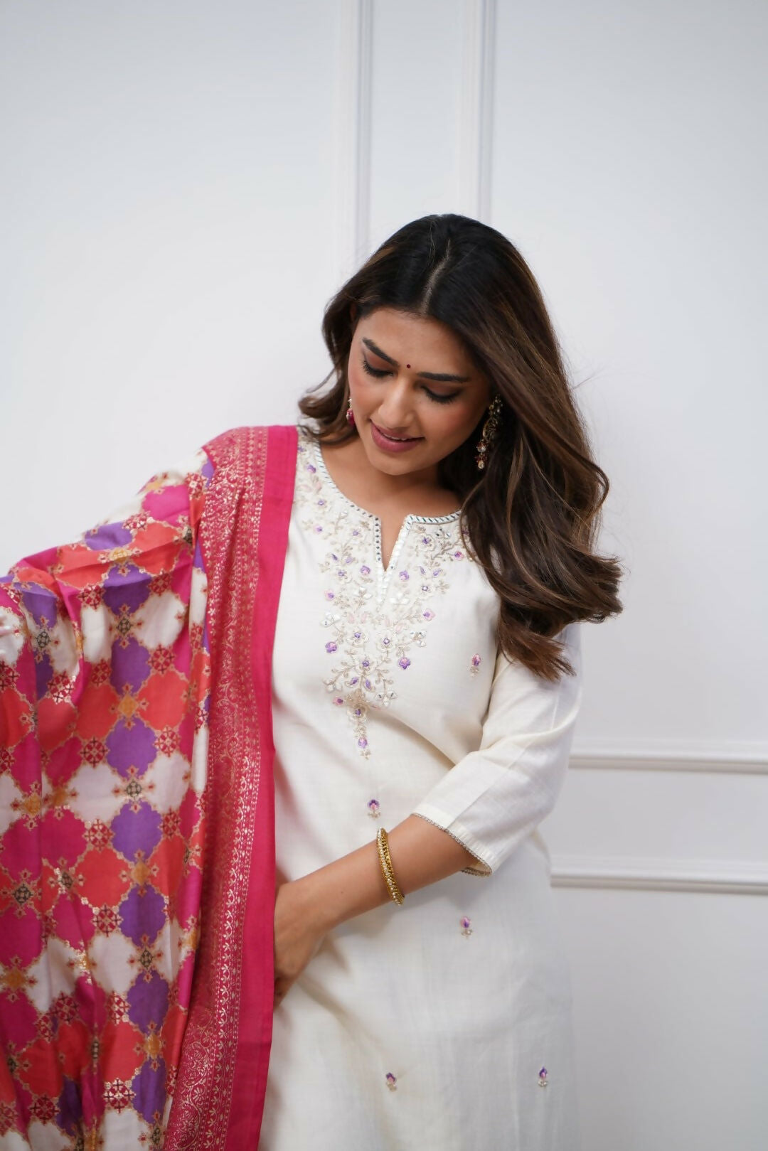 The52 Off White Beautiful Embroidered Viscose Chanderi Fabric Straight Kurta Pant with Dupatta Set - Distacart